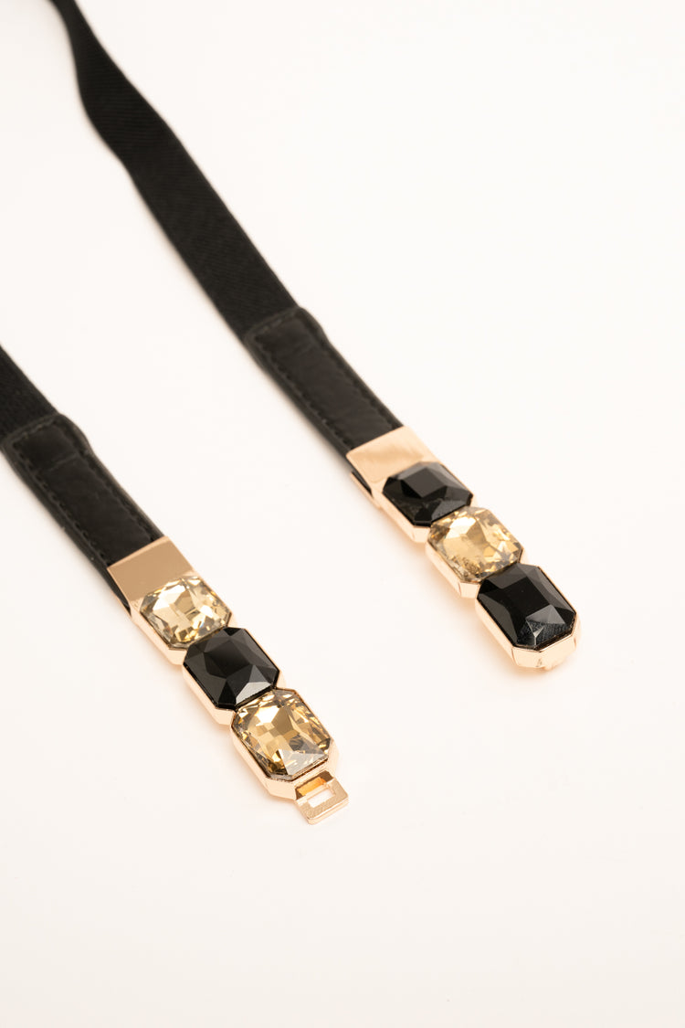 Cintura sottile elastica nera con pietre decorative oro