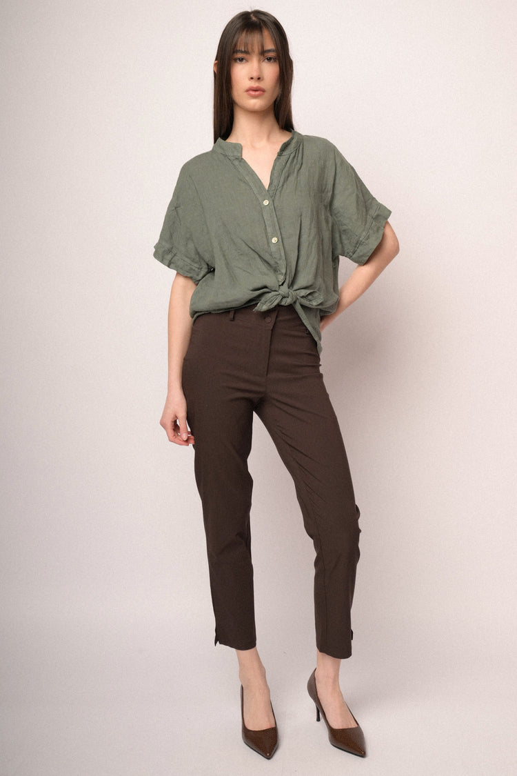 Pantaloni slim-fit misto viscosa cioccolato