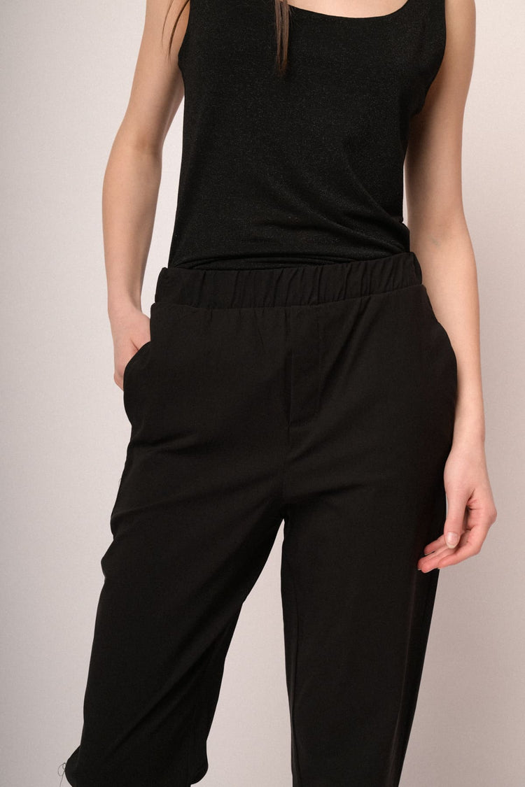 Pantaloni baggy con risvolto misto viscosa nero