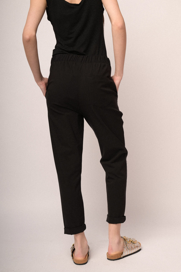 Pantaloni baggy con risvolto misto viscosa nero