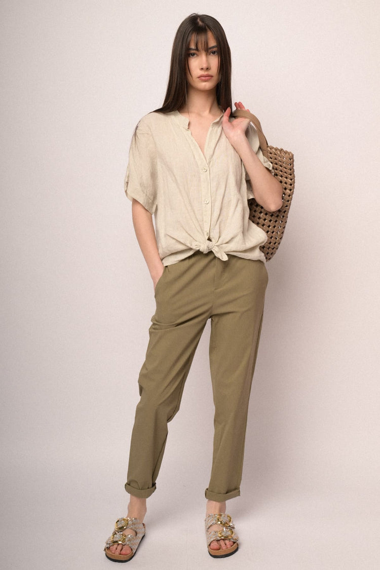 Pantaloni baggy con risvolto misto viscosa kaki