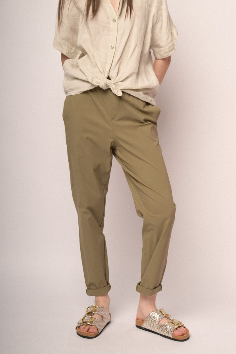Pantaloni baggy con risvolto misto viscosa kaki