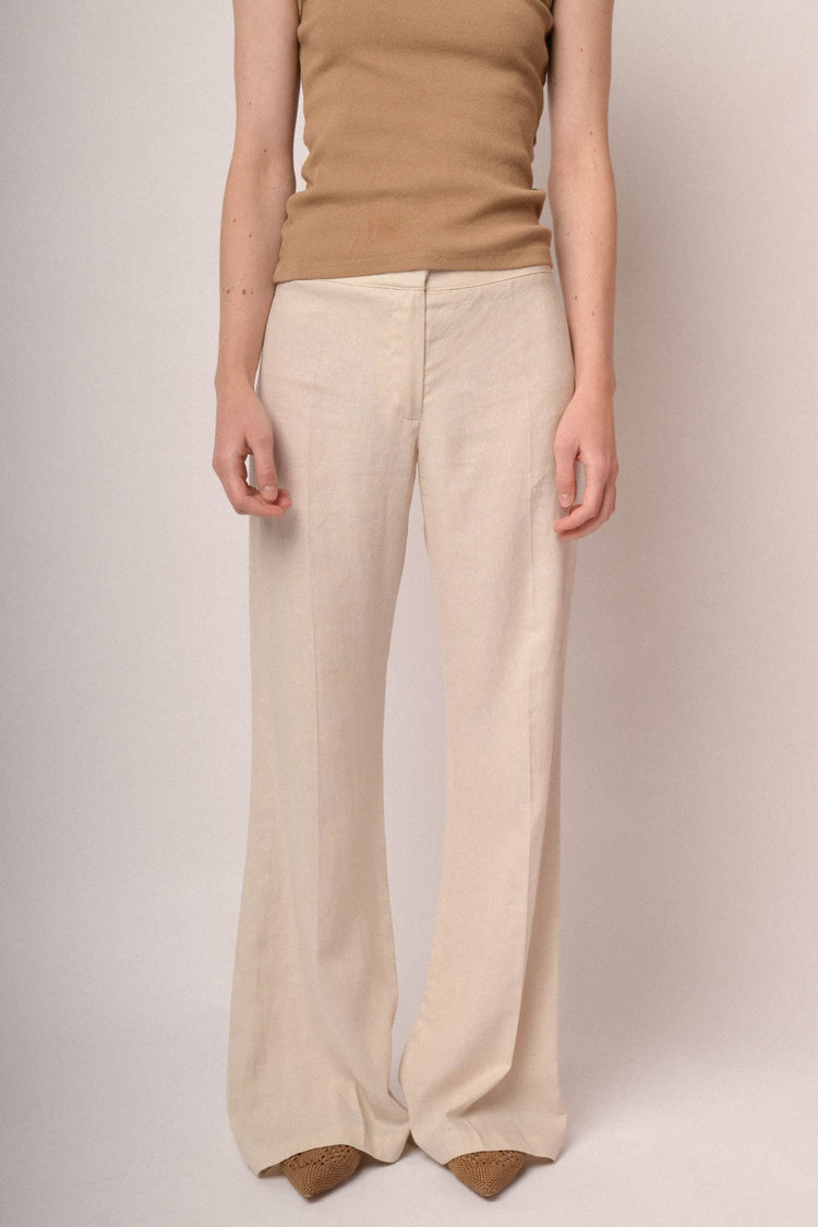 Pantaloni a gamba svasata misto lino beige
