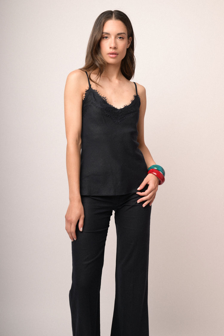 Pantaloni a gamba svasata misto lino blu notte