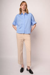 Pantaloni a gamba dritta con risvolto misto viscosa beige