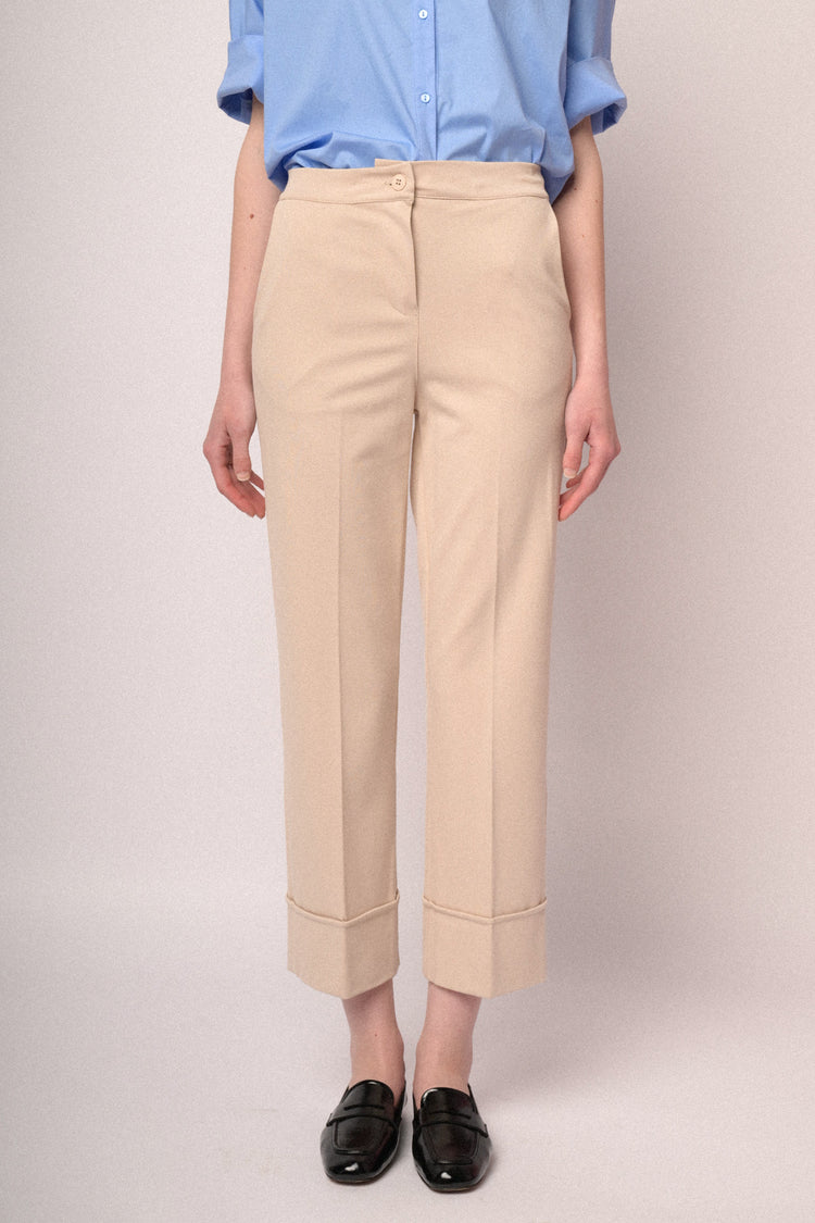 Pantaloni a gamba dritta con risvolto misto viscosa beige