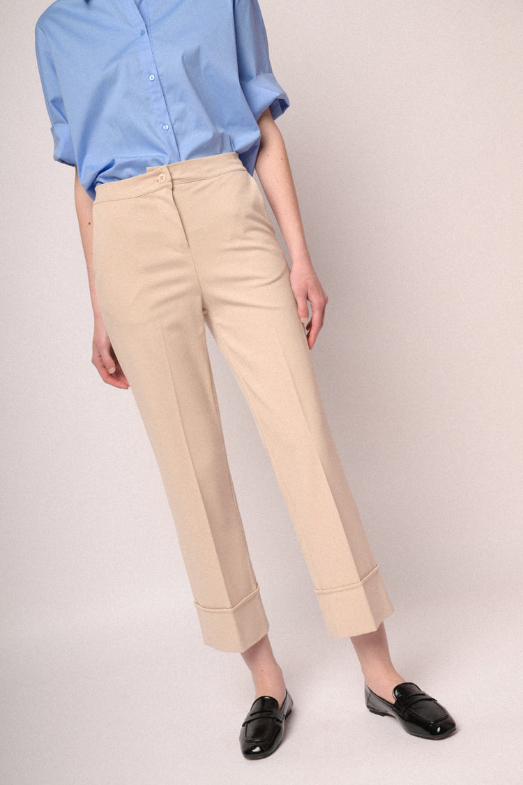 Pantaloni a gamba dritta con risvolto misto viscosa beige