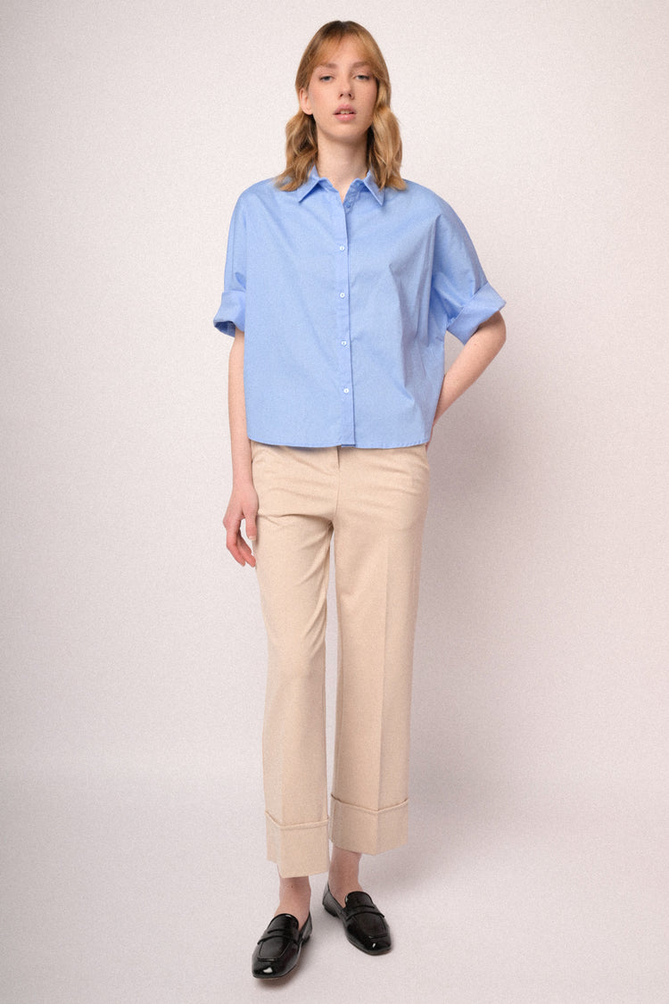 Pantaloni a gamba dritta con risvolto misto viscosa beige