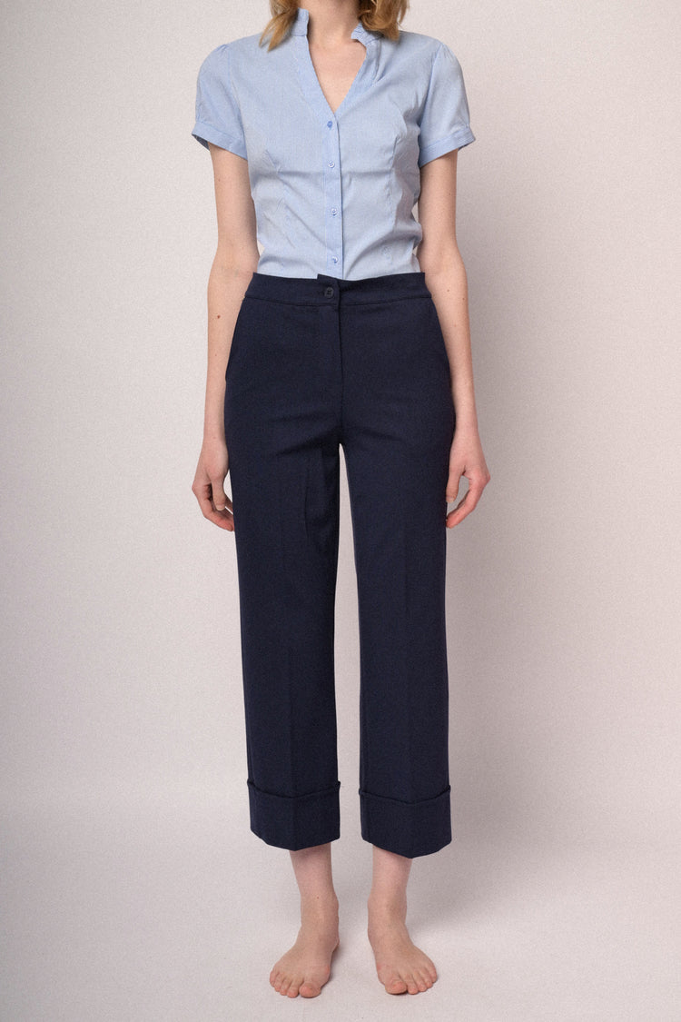 Pantaloni a gamba dritta con risvolto misto viscosa blu
