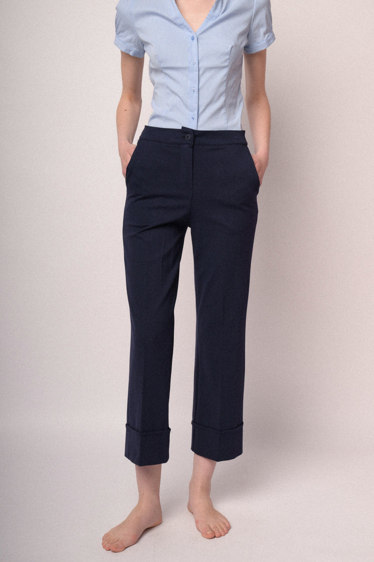 Pantaloni a gamba dritta con risvolto misto viscosa blu