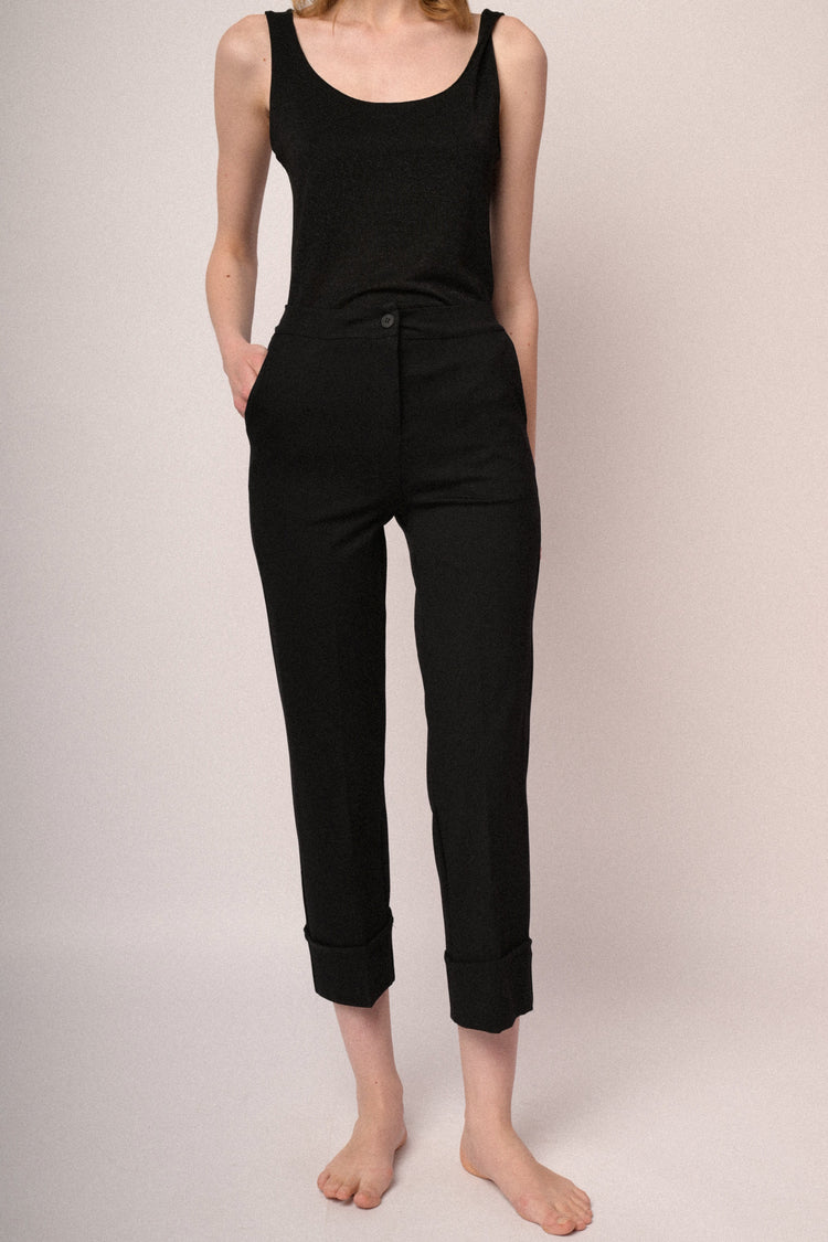 Pantaloni a gamba dritta con risvolto misto viscosa nero