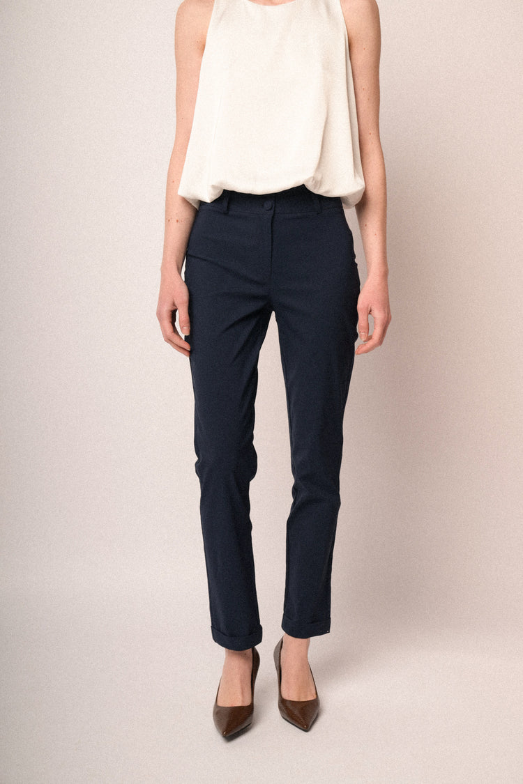 Pantaloni slim-fit misto viscosa blu con risvolto