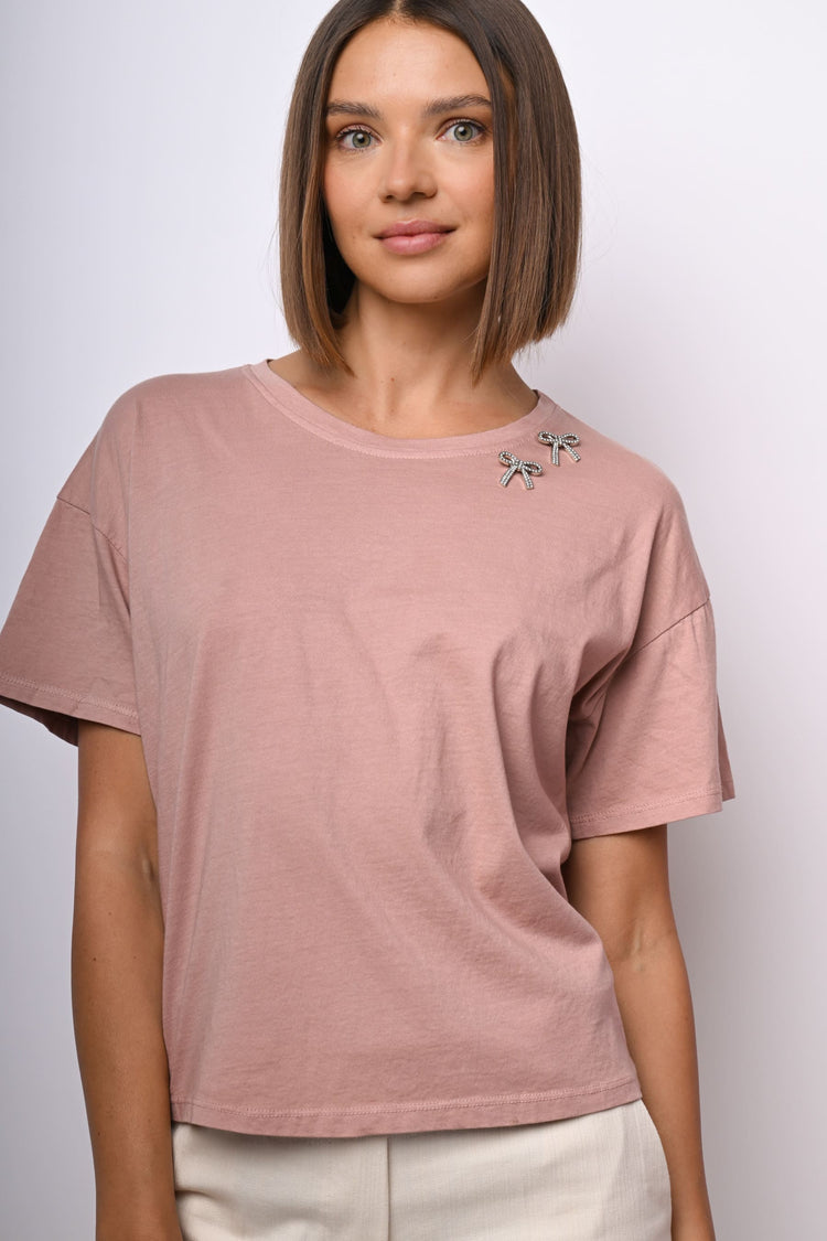 T shirt con fiocchi in strass
