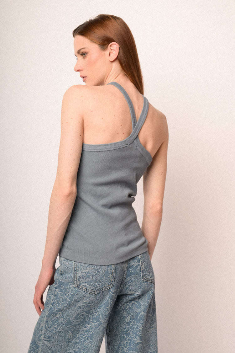 Canotta halter in cotone a costine azzurro polvere