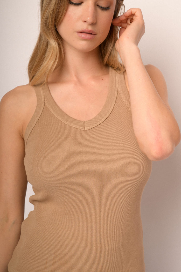 Canotta in cotone a costine beige