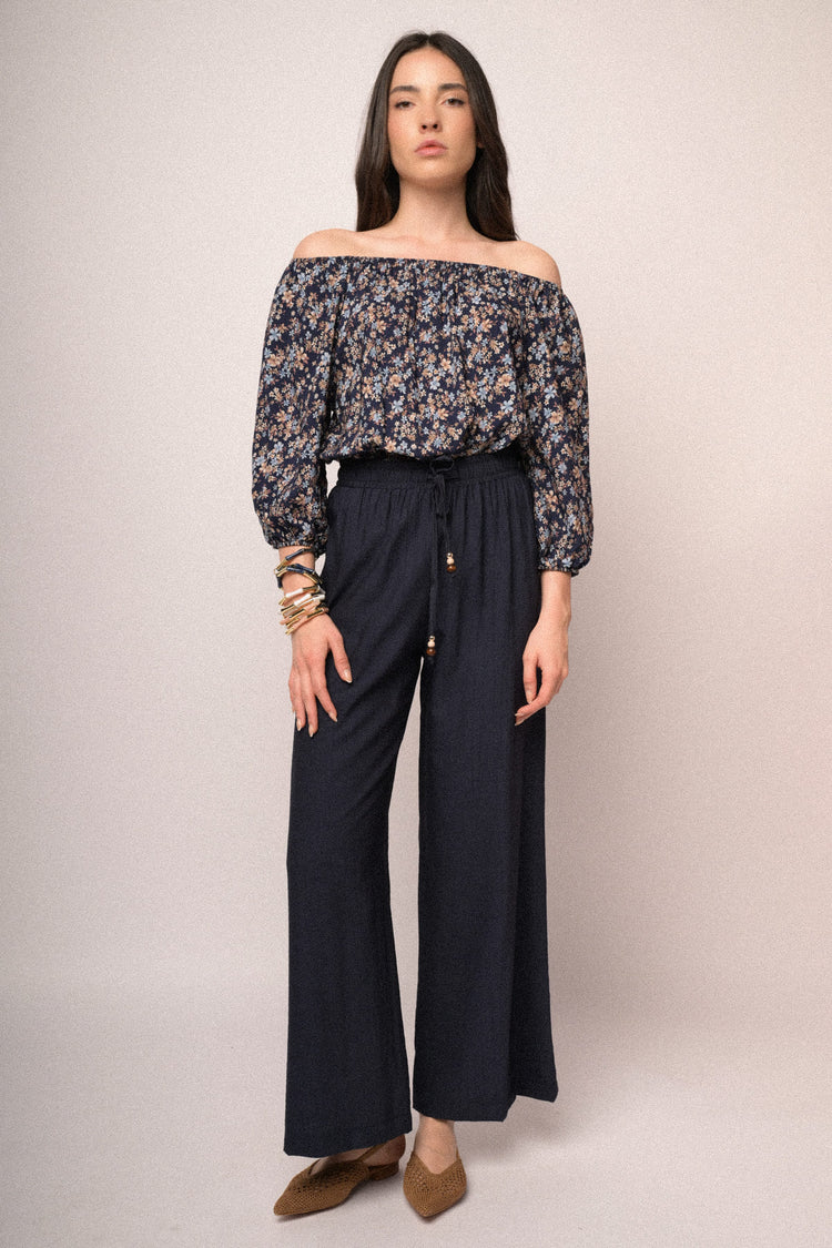 Pantaloni palazzo in viscosa blu con vita elasticizzata