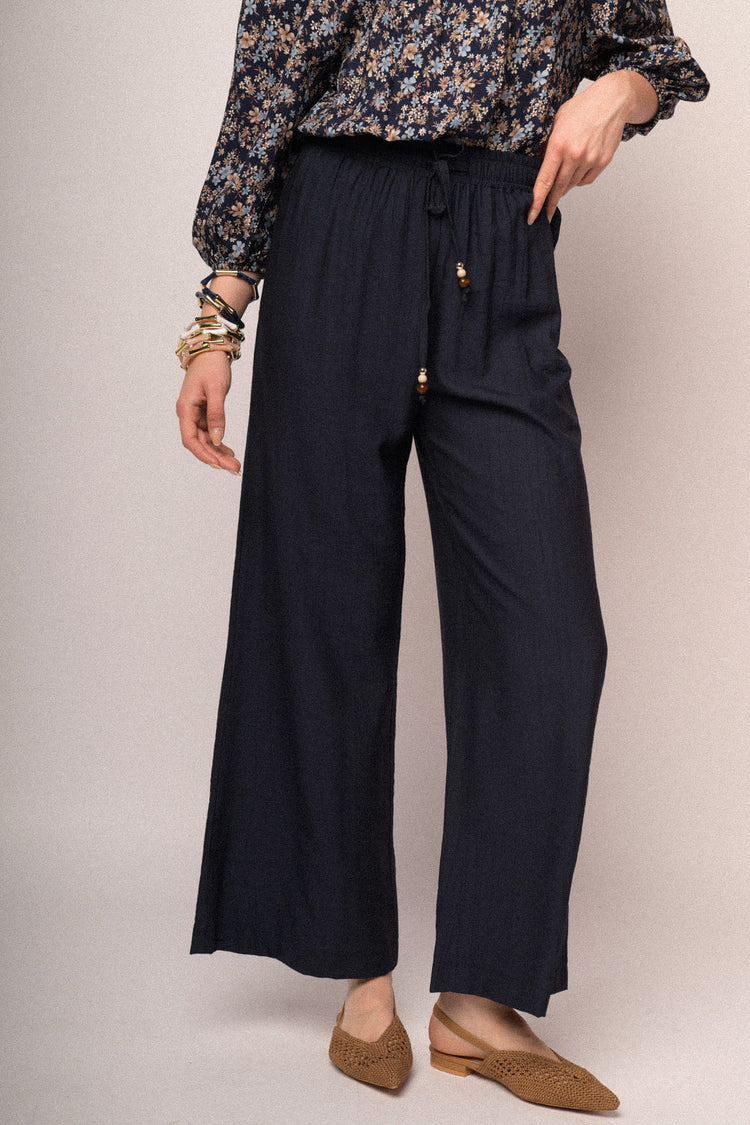 Pantaloni palazzo in viscosa blu con vita elasticizzata