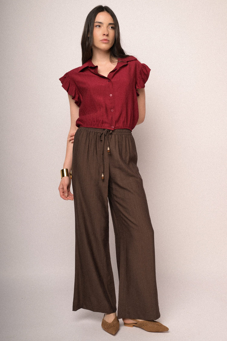 Pantaloni palazzo in viscosa cioccolato con vita elasticizzata