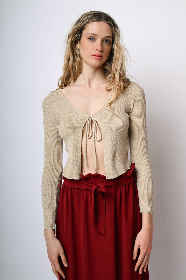 Cardigan in maglia lurex con laccetti