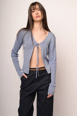 Cardigan in maglia lurex azzurra con laccetti