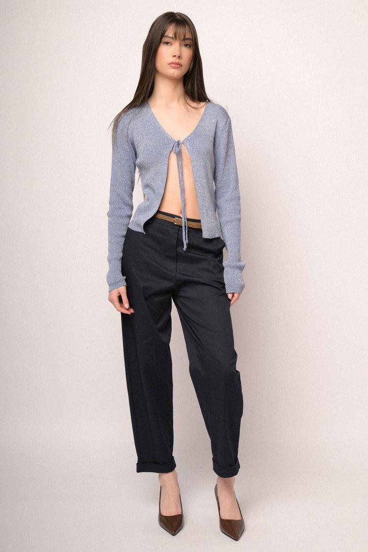 Cardigan in maglia lurex azzurra con laccetti