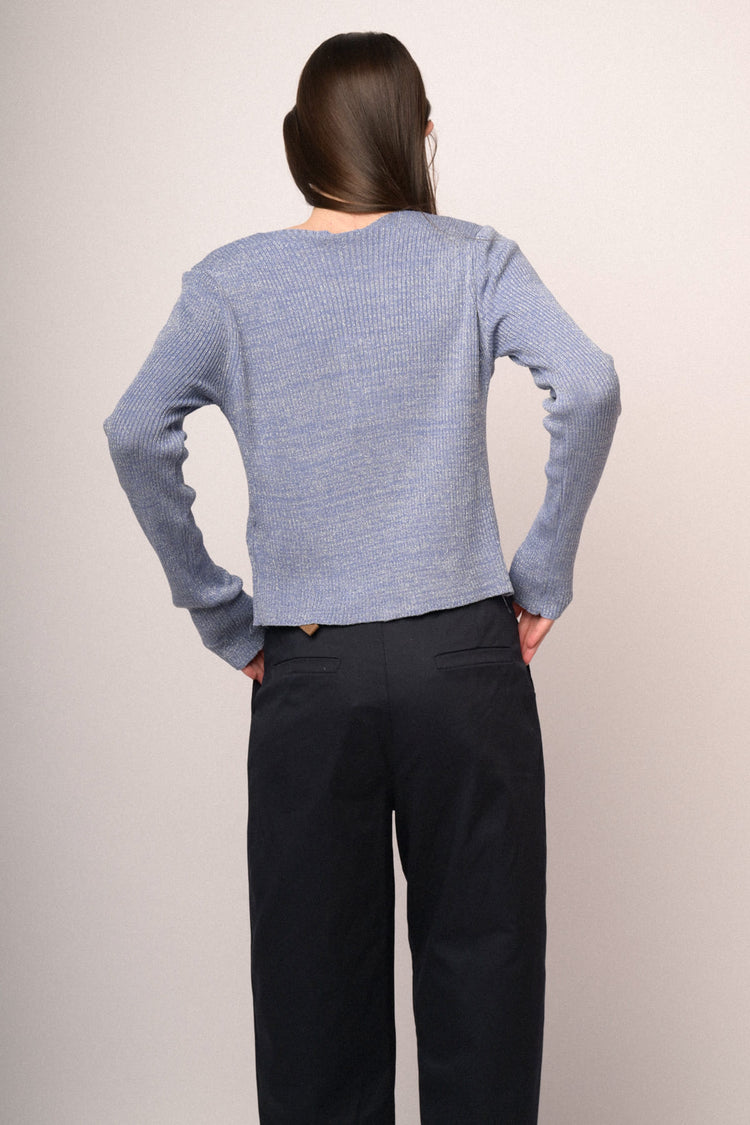 Cardigan in maglia lurex azzurra con laccetti