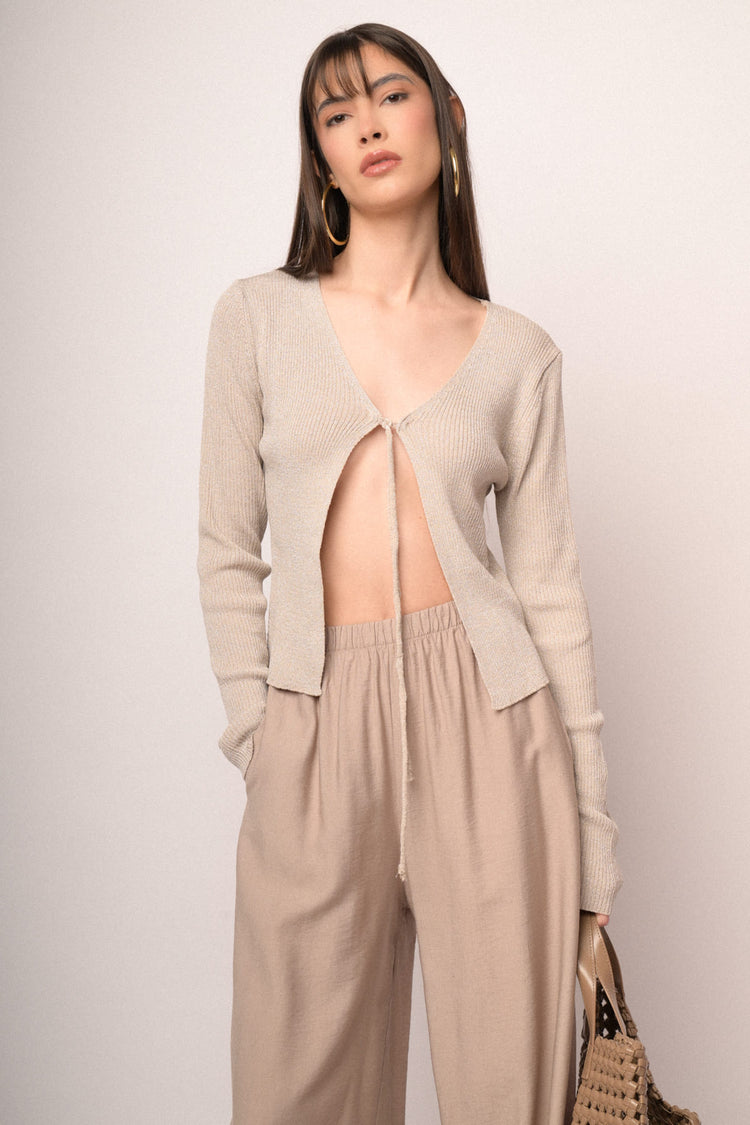 Cardigan in maglia lurex beige con laccetti