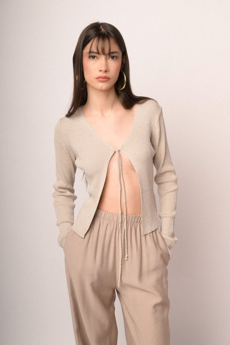 Cardigan in maglia lurex beige con laccetti