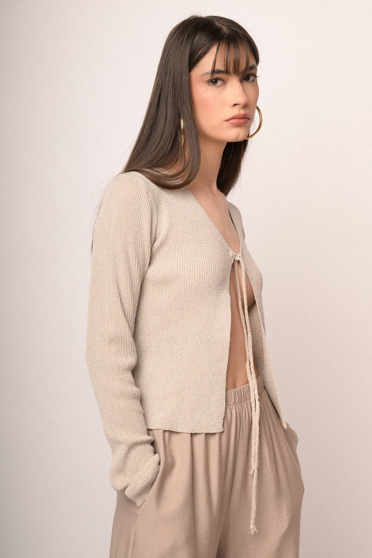 Cardigan in maglia lurex beige con laccetti