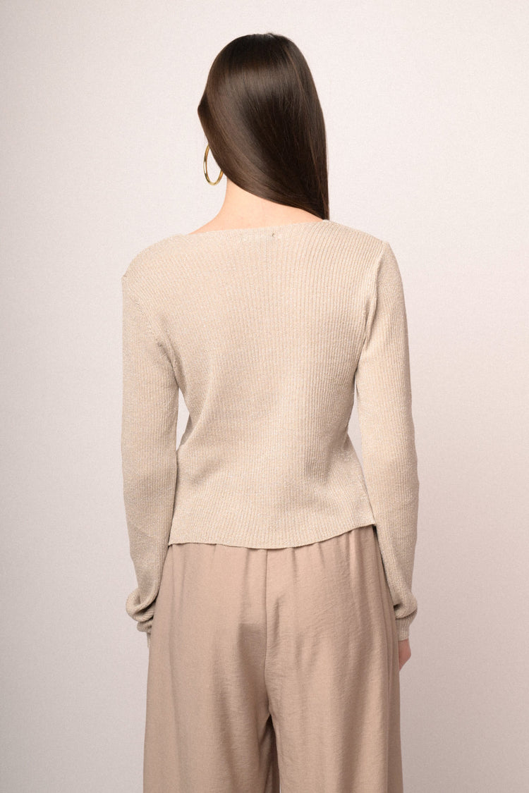 Cardigan in maglia lurex beige con laccetti