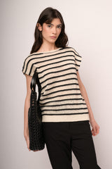 Top a righe nero e avorio in maglia crochet
