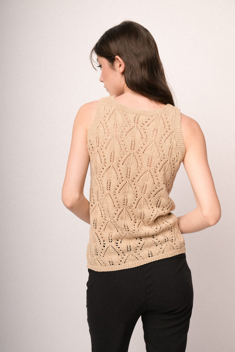 Top in maglia crochet beige