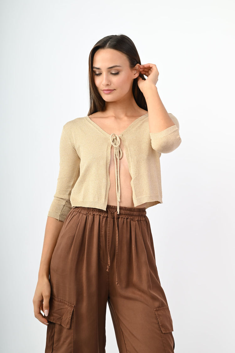 Cardigan in maglia lurex con laccetto