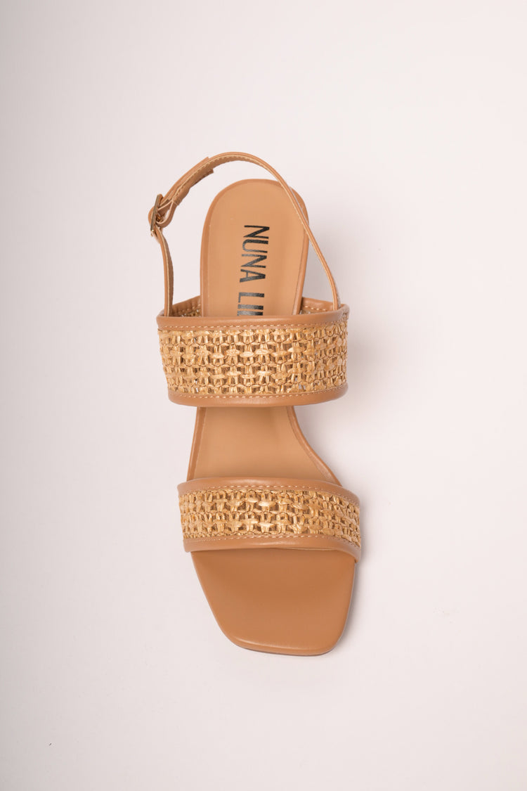 Sandali con doppie fasce in rafia cognac