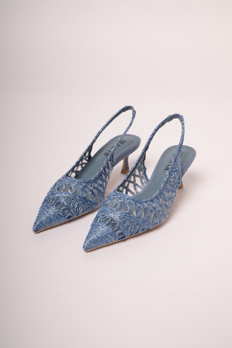 Slingback affusolate in rafia blu denim