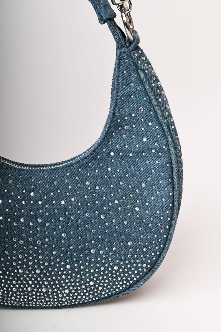 Borsa a mezzaluna in denim con strass