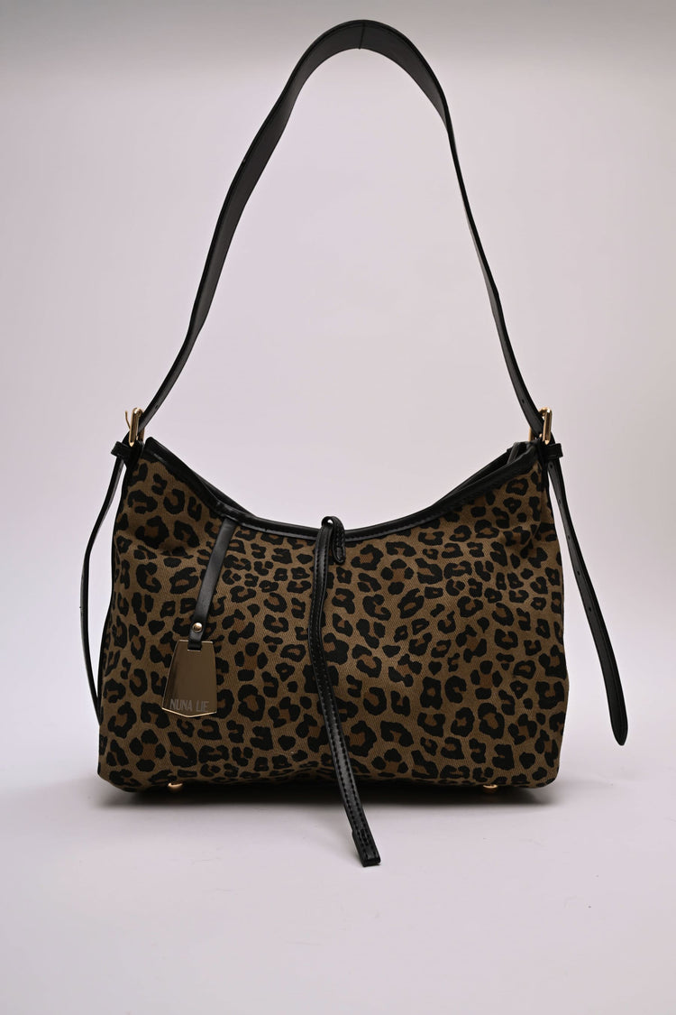 Borsa a spalla in tela animalier e similpelle nera