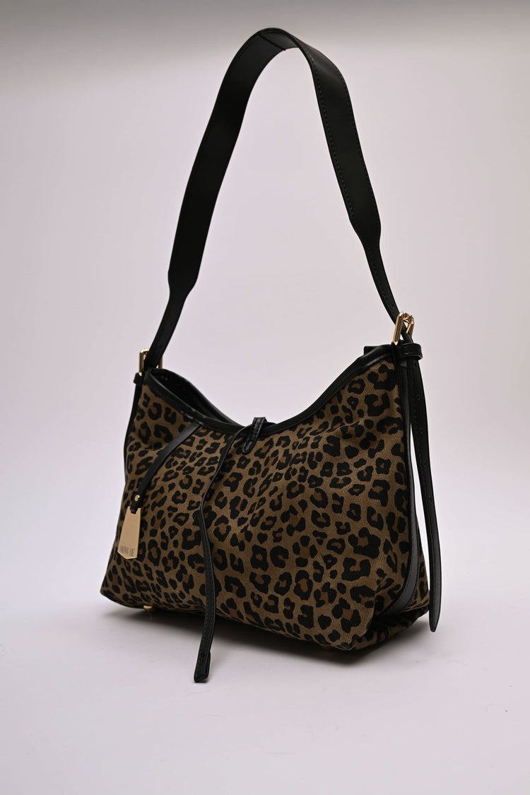 Borsa a spalla in tela animalier e similpelle nera