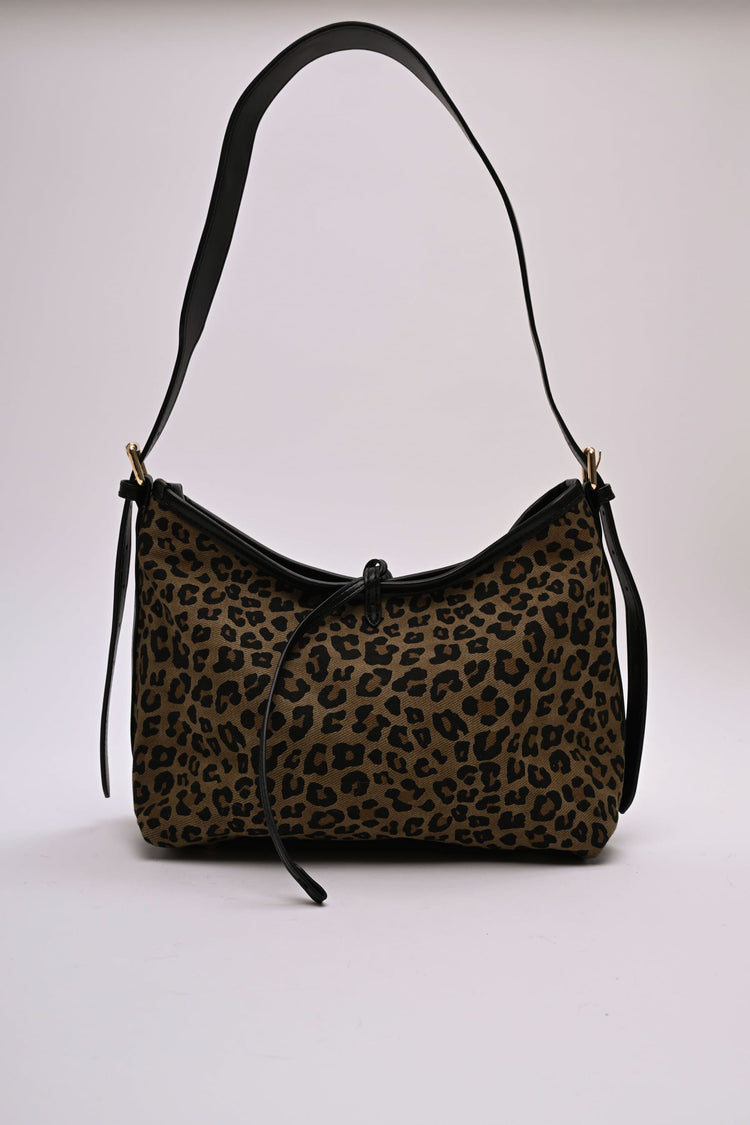 Borsa a spalla in tela animalier e similpelle nera