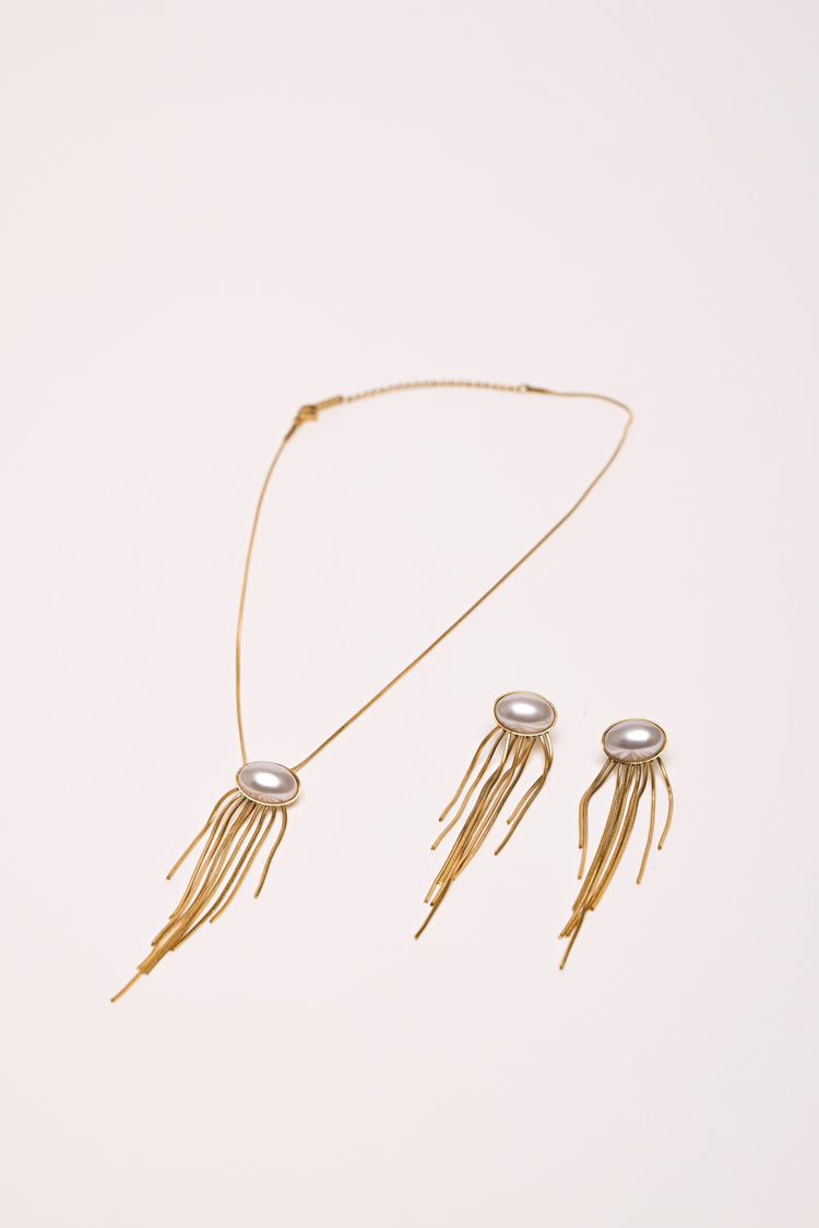 Set collana + orecchini con perle e frange