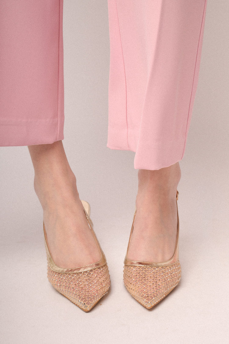 Slingback in mesh con strass oro