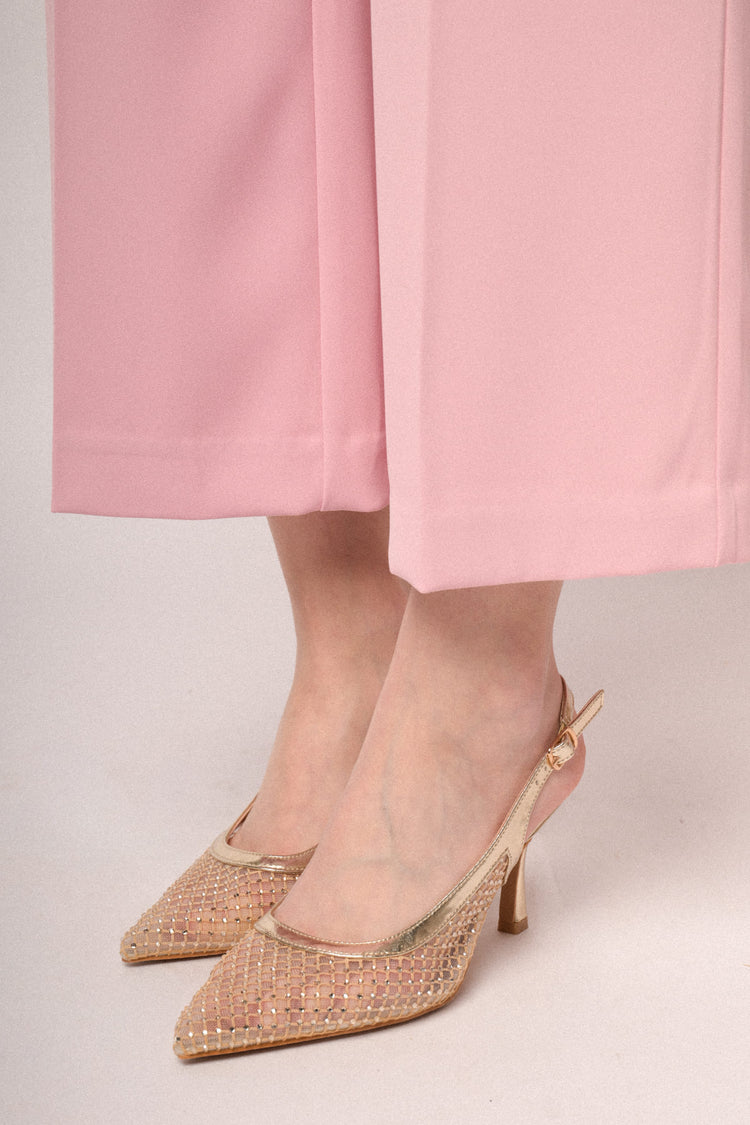 Slingback in mesh con strass oro