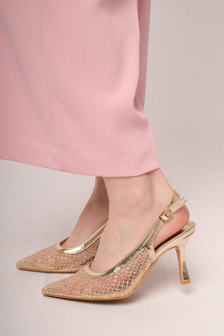 Slingback in mesh con strass oro