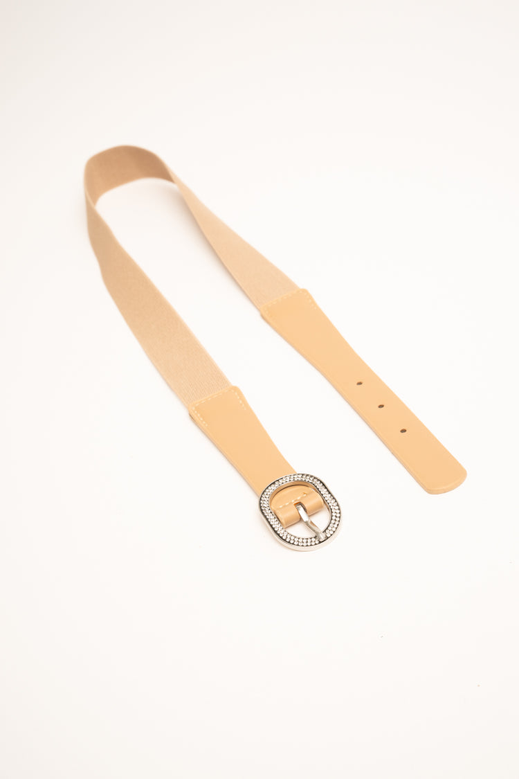 Cintura elastica beige con fibbia in strass
