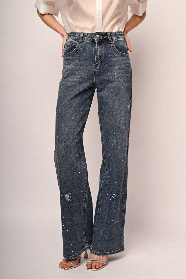 Jeans wide-leg con cuori & strass