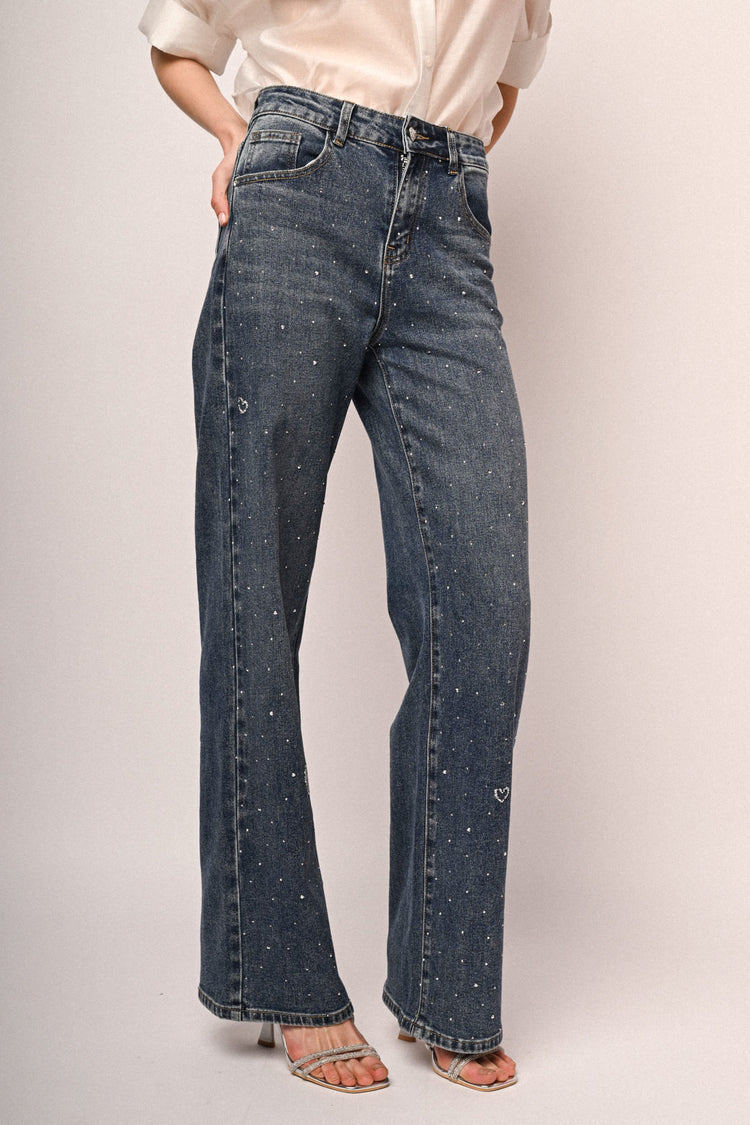 Jeans wide-leg con cuori & strass