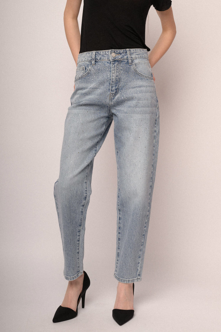 Jeans mom-fit con decorazione strass azzurro