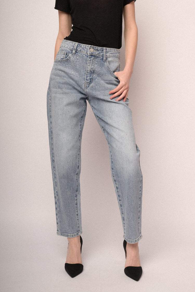 Jeans mom-fit con decorazione strass azzurro