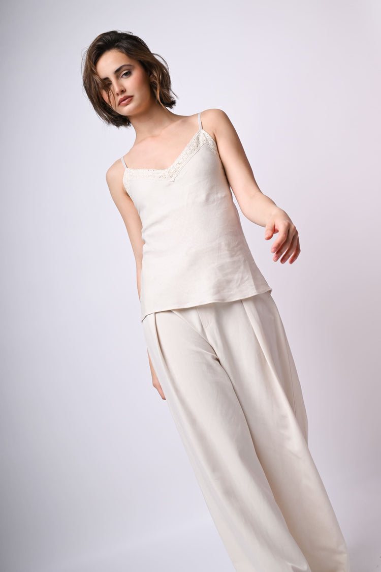 Top in lino e viscosa con pizzo