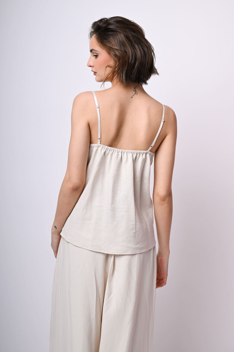 Top in lino e viscosa con pizzo